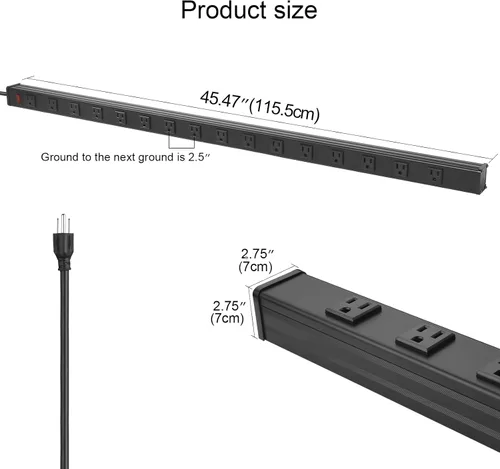 Vista 2 de Regleta de alimentación resistente de gran tamaño - Regleta de alimentación industrial grande de metal con 16 tomas, cable de 4 pies, 15A, 125V