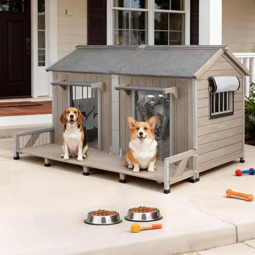 Vista 8 de Gowoodhut Casa para perros al aire libre, resistente a la intemperie, gran perrera de madera para interiores para perros pequeños con marco a prueba