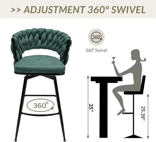 Vista 8 de Juego de 2 taburetes de bar giratorios de tela de gamuza con giro de 360°, base de metal y reposapiés, respaldo tejido tapizado para comedor, mesa