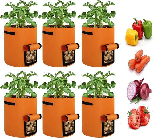 Vista 9 de Paquete de 6 bolsas de cultivo de papas, bolsas de plantación de 10 galones, macetas grandes de tela con ventana de solapa, maceta de jardín, Negro