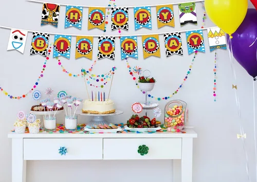 Vista 3 de Toy Story - Cartel de cumpleaños para niños, cartel inspirado en historias para decoraciones y suministros de fiesta, telón de fondo para interiores