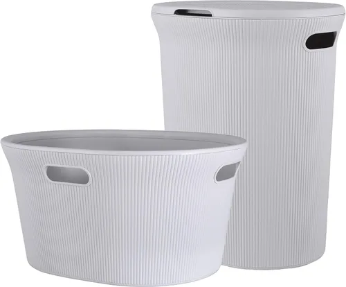 Vista 36 de Superio Colección acanalada - Cesto decorativo de plástico para ropa sucia con tapa y asas recortadas, azul (1 paquete) Organizador de cesta