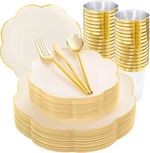Vista 10 de ejonirinjonir - 180 platos elegantes de plástico de color marfil con borde dorado doble para bailes de graduación Beige Plates and Scalloped