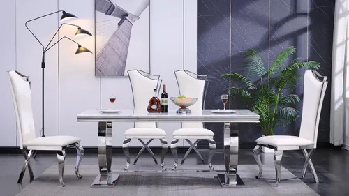 Vista 9 de ACEDÉCOR Juego de mesa de comedor de 5 piezas, mesa de comedor moderna con base en U de metal de acero inoxidable dorado, 4 sillas de comedor