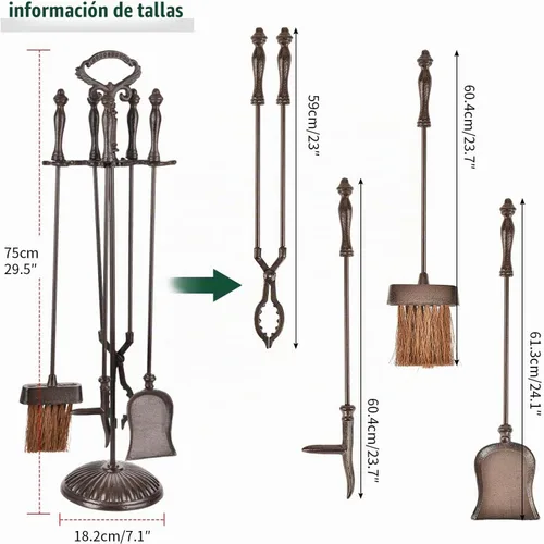 Vista 6 de Sungmor Juego de herramientas de chimenea de hierro fundido resistente, 5 herramientas de fuego con soporte, accesorios de chimenea para estufa
