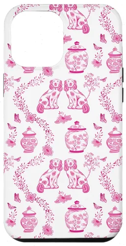 Vista 26 de Preppy - Carcasa para iPhone 16, diseño de perros y tarros de jengibre, color rosa y blanco