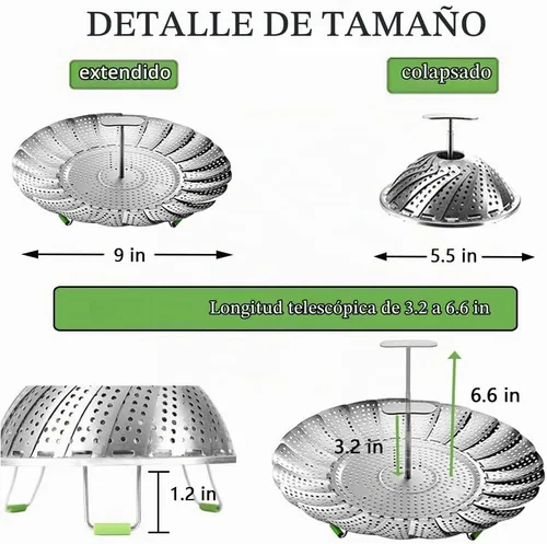 Vista 5 de Cesta de vapor, cesta de vapor vegetariana para cocinar de acero inoxidable plegable para verduras con mango central extraíble extensible extensible