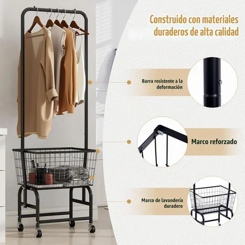 Vista 4 de ALIMORDEN Carrito de lavandería con estante colgante y cesta de metal Negro