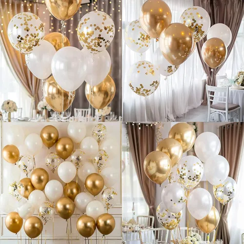 Vista 2 de Juego de 50 globos para fiestas, cromo dorado, perla blanca y confeti dorado, globos de látex natural de 12 pulgadas para decoraciones de fiestas