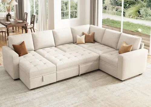 Vista 23 de HONBAY Sofá cama modular modular con cama extraíble, sofá en forma de L con asiento de almacenamiento, sofás seccionales para sala de estar, beige