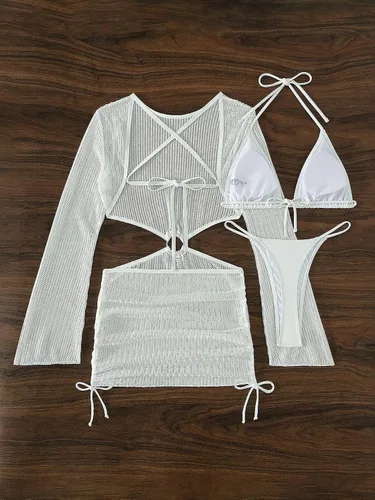 Vista 4 de MakeMeChic Traje de baño de 3 piezas para mujer con lazo en la espalda halter triangular tanga bikini conjunto con vestido de salida de baño