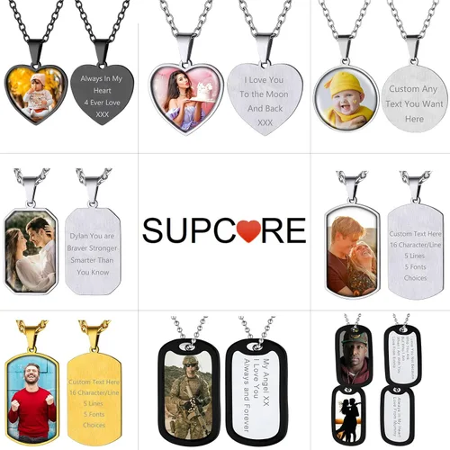 Vista 5 de Supcare Collar personalizado con etiqueta de perro con texto o foto para hombre, colgante de foto conmemorativa personalizado para mujeres y hombres
