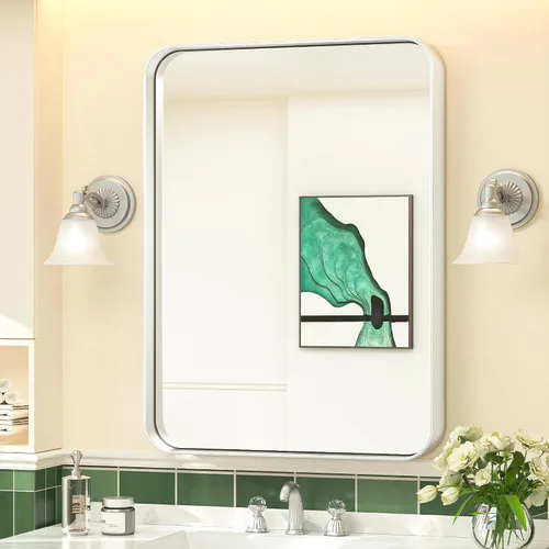 Vista 26 de TokeShimi Espejo de pared de baño de níquel cepillado de 20 x 30 pulgadas, marco de metal, esquina redonda, rectangular, para decoración del hogar