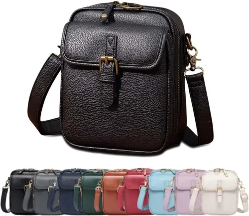 Vista 13 de Bolso bandolera de cuero, bolso mensajero de doble capa de gran capacidad, de cuero sintético retro con monedero incorporado, bolsa antirrobo