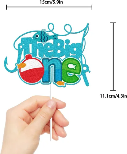 Vista 2 de The Big One Happy Birthday Cake Topper Pesca Azul Purpurina Feliz 1er Cumpleaños Un Año de Edad Pasado Pequeño Pescador Decoración de Pasteles