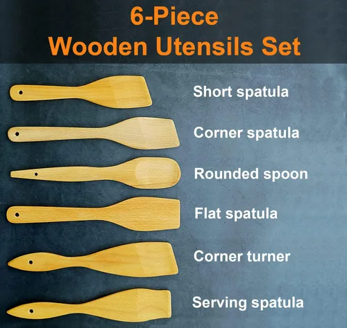 Vista 2 de ECOSALL 6 cucharas de madera para cocinar, hechas en Ucrania, cucharas de espátula de madera antiadherentes 100% naturales y saludables, juego