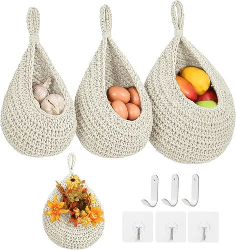 Vista 9 de Cestas de frutas bohemias para colgar en la pared para cocina, paquete de 3 soportes tejidos con 6 ganchos fuertes, cesta colgante de verduras