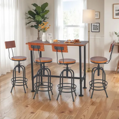 Vista 9 de Juego de 2 taburetes de bar industriales con respaldo, asiento giratorio de madera, barra de bar altura ajustable de 26 a 32.2 pulgadas, silla