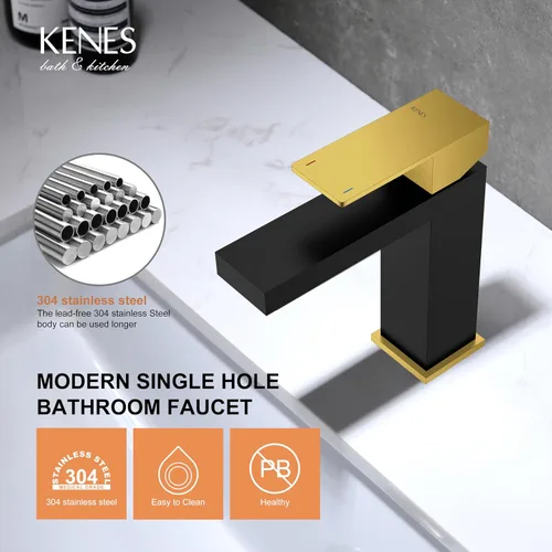 Vista 7 de KENES Grifo de lavabo de baño de una sola manija, grifos de baño negros y dorados de un solo orificio, grifo de tocador con desagüe emergente