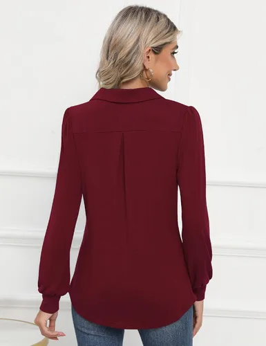 Vista 6 de LOMON Camisas tipo polo de manga larga con cuello en V y manga abombada para mujer