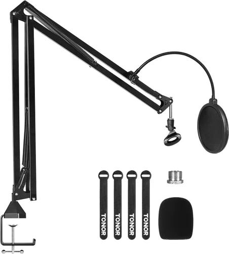Vista 10 de TONOR Soporte de brazo para micrófono, soporte de micrófono de tijera de suspensión ajustable con filtro pop, adaptador de 3/8 a 5/8 pulgadas