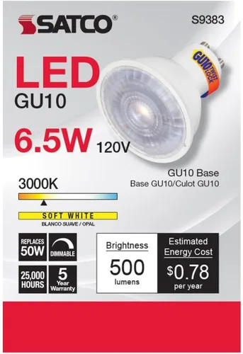 Vista 3 de Satco Lighting - Bombilla LED MR16 regulable de 6.5 W, blanco suave de 3000 K, base de dos pines GU10, 120 voltios, ángulo de haz de 40 grados