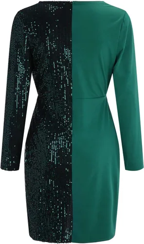 Vista 3 de Vestido de cóctel con lentejuelas y retazos, ajustado, sexy, cuello en V profundo, elegante, vestido de manga larga, mini vestido de noche