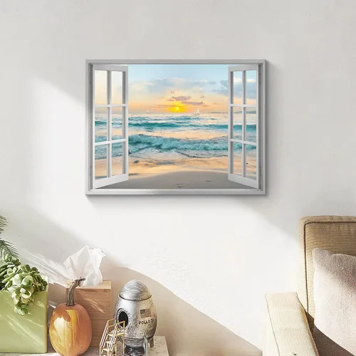 Vista 5 de Arte de Lienzo de Ventana Abierta para Pared: Paisaje Costero de Playa al Atardecer Vista de Ventana Falsa Imagen Olas Azules del Océano Pintura