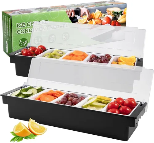 Vista 11 de Bandeja con tapa para frutas, verduras y condimentos con estación de guarnición para bartending y servicio de tacos (2, 3 compartimentos)