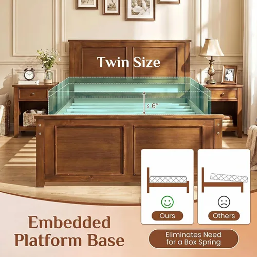 Vista 7 de KOMFOTT Twin Size Bed Frame, Farmhouse Wooden Platform Bed with Headboard Nogal