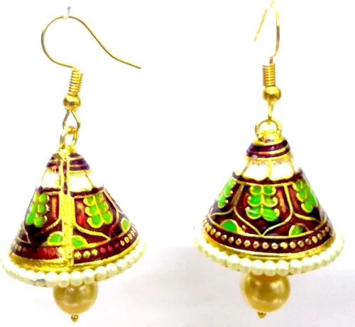 Vista 2 de DESI HAWKER Meenakari Minakari esmalte pintura oro hecho a mano pendiente Bali Jhumki Jhumka joyería étnica gota cuelga lámpara NI-275