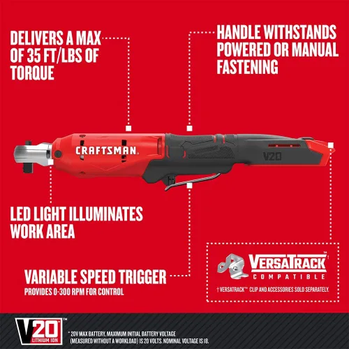 Vista 2 de CRAFTSMAN V20 Llave de trinquete inalámbrica, transmisión de 3/8 pulgada, 300 RPM, hasta 4,7 m·kg de par, herramienta desnuda solamente (CMCF930B)