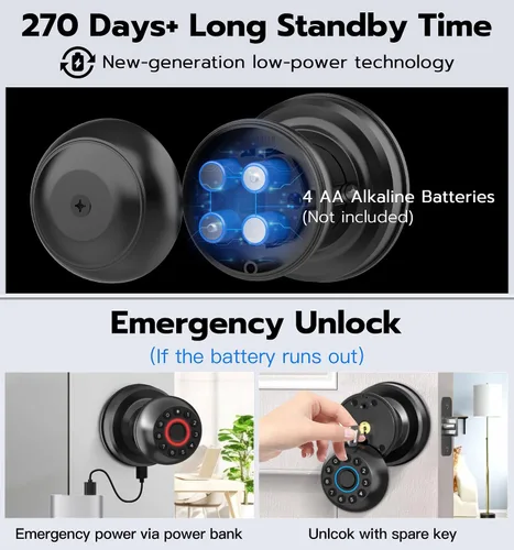 Vista 7 de Anweller Pomo de puerta inteligente con cerradura, teclado de código de huellas dactilares, entrada sin llave, electrónico, digital, biométrico