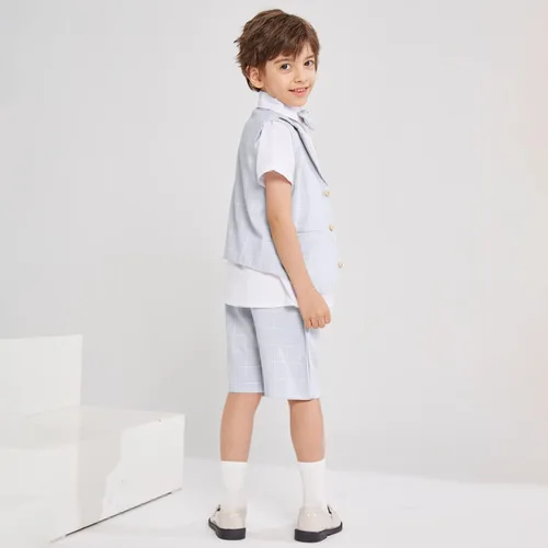 Vista 7 de Traje de verano para niños, ropa de vestir para niños, traje de portador de anillo de boda, 4 piezas, camisa, chaleco y pantalones cortos