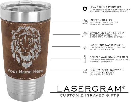 Vista 5 de LaserGram Vaso aislado al vacío de 20 onzas, cabeza de caballo 1, grabado personalizado incluido (cuero sintético, rústico)