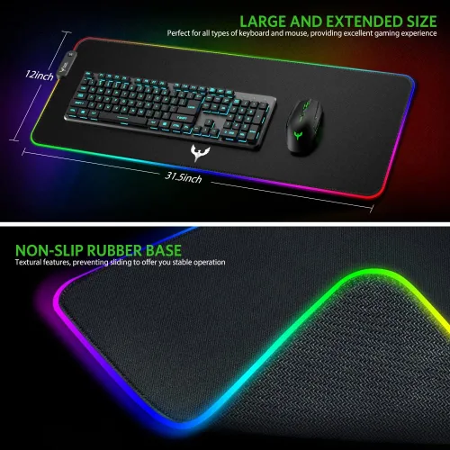 Vista 5 de Alfombrilla de mouse RGB extra grande para juegos, 14 modos de luz, alfombrilla de mouse LED suave extendida, base de goma antideslizante