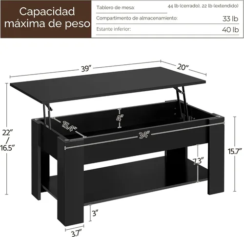 Vista 3 de Yaheetech Mesa de café de madera, mesa de centro con estante de almacenamiento oculto grande, mesa de comedor con superficie elevada para sala