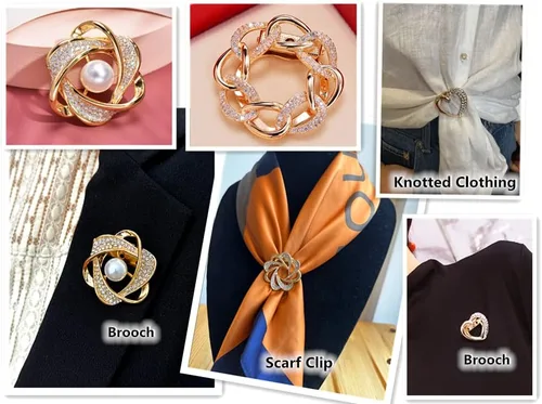 Vista 7 de 3 broches de clip para bufanda, todo en uno, elegantes diamantes de imitación florales de perlas, ropa dorada, broche de botón anudado, bufandas