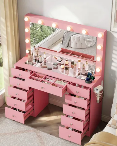 Vista 12 de Escritorio tocador Otterease con espejo y luces, escritorio de maquillaje con 11 cajones, tocador de maquillaje con superficie de vidrio templado, 3