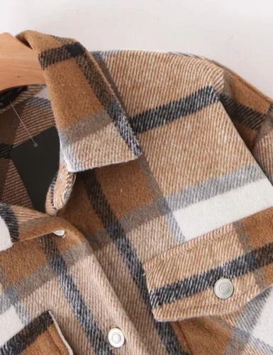 Vista 4 de Tanming - Chaquetas de franela cepillada para mujer, a cuadros, con botones, solapas y bolsillos, camisa tipo chaqueta