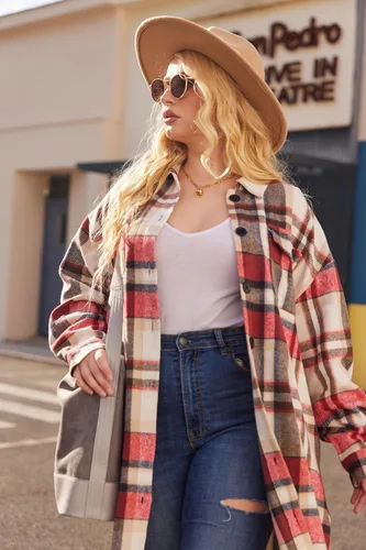 Vista 3 de IN'VOLAND Camisas de franela a cuadros de talla grande para mujer, manga larga, con solapa, estilo novio, con botones, chaqueta larga de tartán