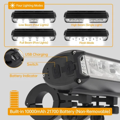 Vista 5 de Luz de bicicleta recargable por USB de 2000 lúmenes, faro de bicicleta de 10000 mAh con función de banco de energía, barra de luz frontal súper