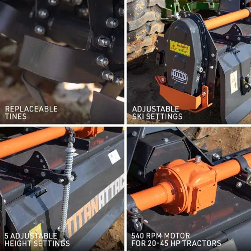 Vista 4 de Titan Attachments enganche de 3 puntos, accesorio de cultivador rotativo de 48" para tractores Cat 1, acabado en carbón, cultivador impulsado por