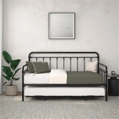 Vista 2 de BOWERY HILL Twin Daybed with Pop-Up Full Trundle, Black Powder-Coated Steel Frame, Slatted Mattress Support, Low-Profile Space-Saving Design, Guest