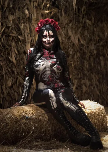 Vista 4 de UQJE Disfraz de esqueleto de Halloween para mujer, overol elástico con estampado, traje de cosplay