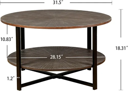 Vista 2 de Mesa de centro redonda con almacenamiento, 31.5 pulgadas, mesa central redonda rústica de madera de 2 niveles para sala de estar, mesas de té