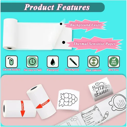 Vista 5 de 15 Rollos de 53x28mm Papel Adhesivo Térmico Blanco para Impresoras Mini Phomemo T02/M02/M02S/PRO, Papel Adhesivo Mini de 3.75m para Impresora Mini