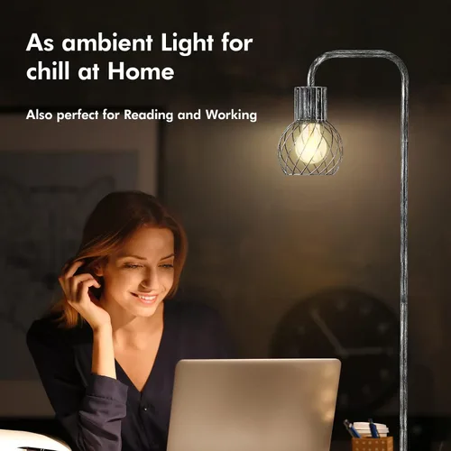 Vista 3 de Lámpara de pie industrial, lámpara de pie plateada antigua moderna con bombilla LED de 6 W, interruptor de pie, lámparas altas de metal para sala