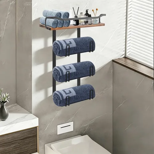 Vista 2 de NearMoon Toallero con estante de madera, soporte organizador de toallas de metal inoxidable para almacenamiento de baño, montado en la pared