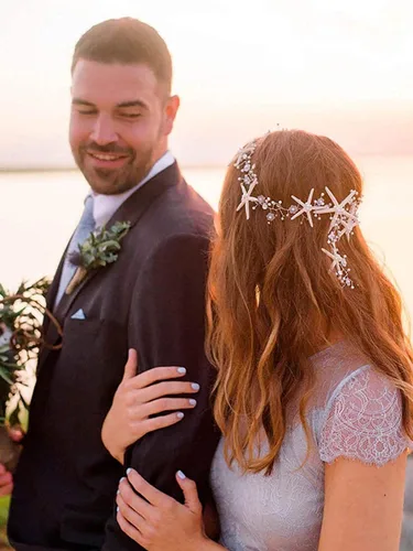Vista 8 de Unicra Diadema de novia con estrella de mar, diadema de vid y perlas, accesorios para el cabello de boda en la playa, accesorios para el cabello